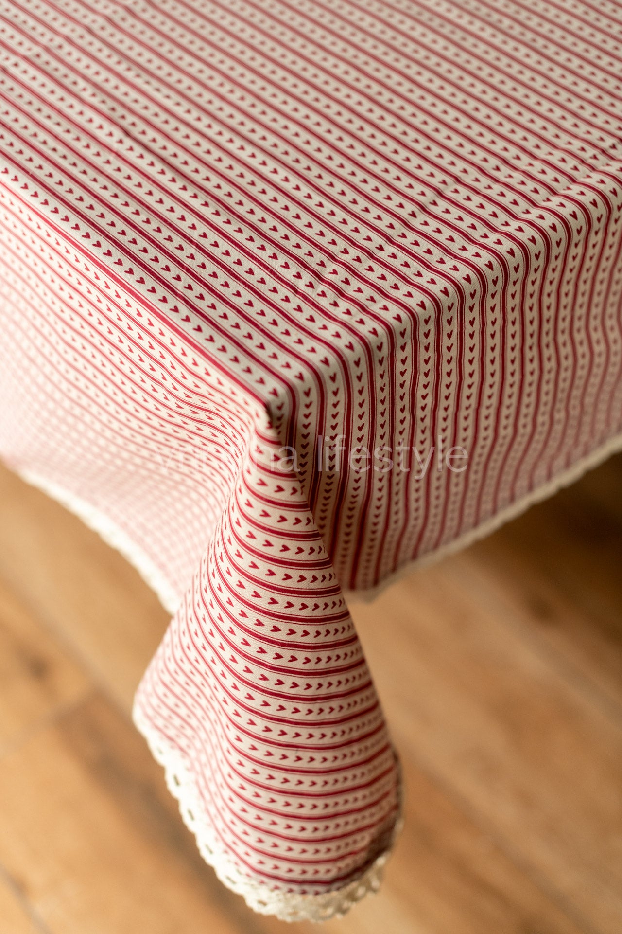 Cotton printed table cover with lace detailing -6 seater-customisable