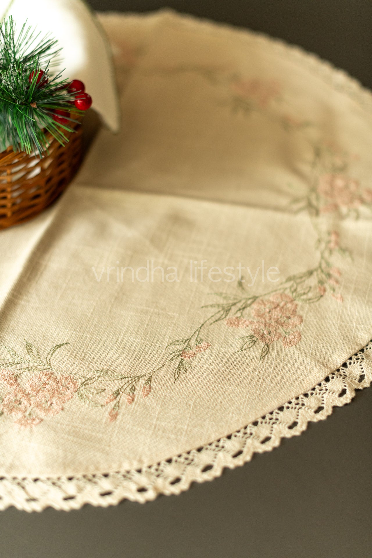 Round table cloth with embroidery and lace detailing-25 inches-coffee table cover