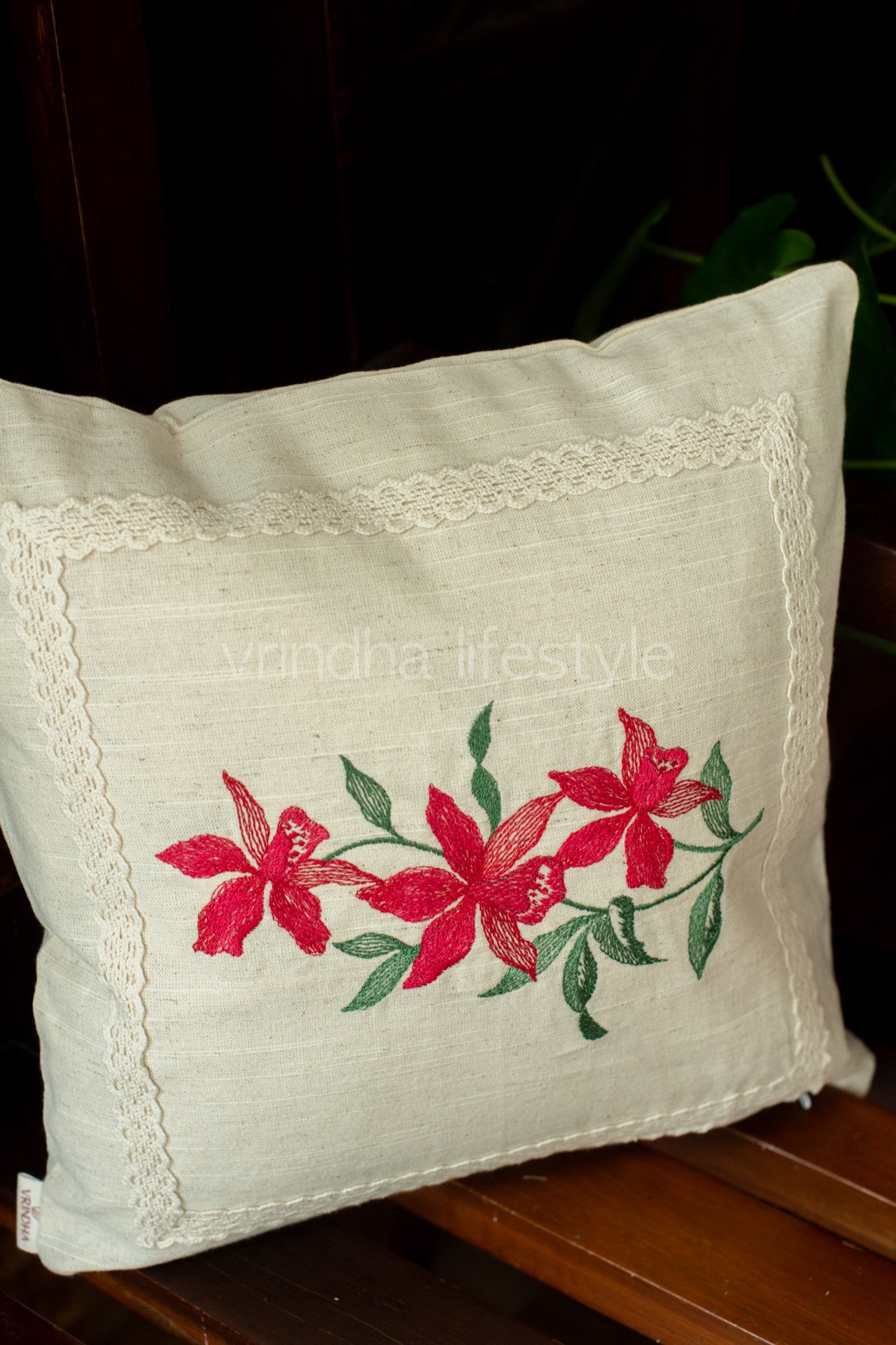 cotton cushion cover with embroidery and lace detailing -Single unit- 12x12 inches( Customisable)