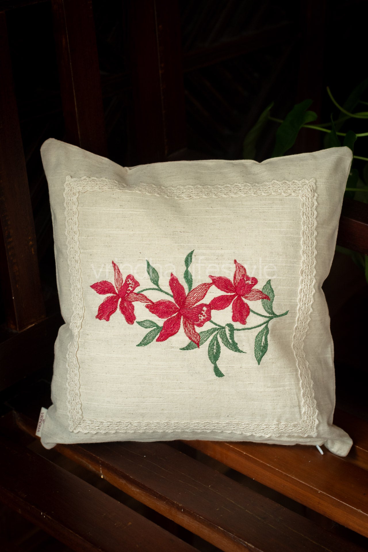 cotton cushion cover with embroidery and lace detailing -Single unit- 12x12 inches( Customisable)