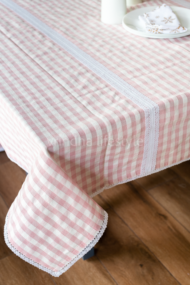 COTTON TABLE CLOTH, checks with lace detailing -6/8 seater