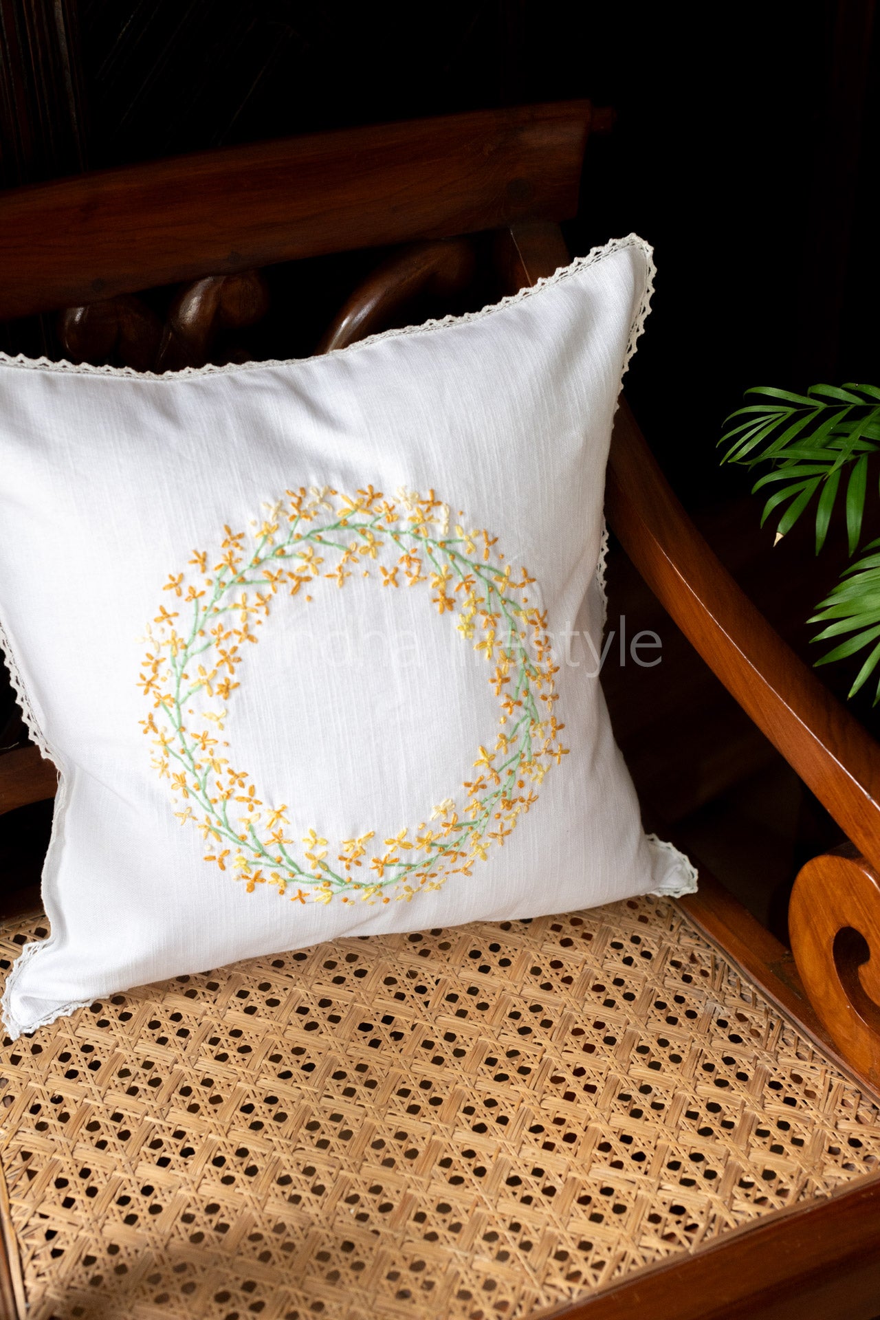 HAND EMBROIDERY CUSHION COVER with lace detailing -16x16 inches