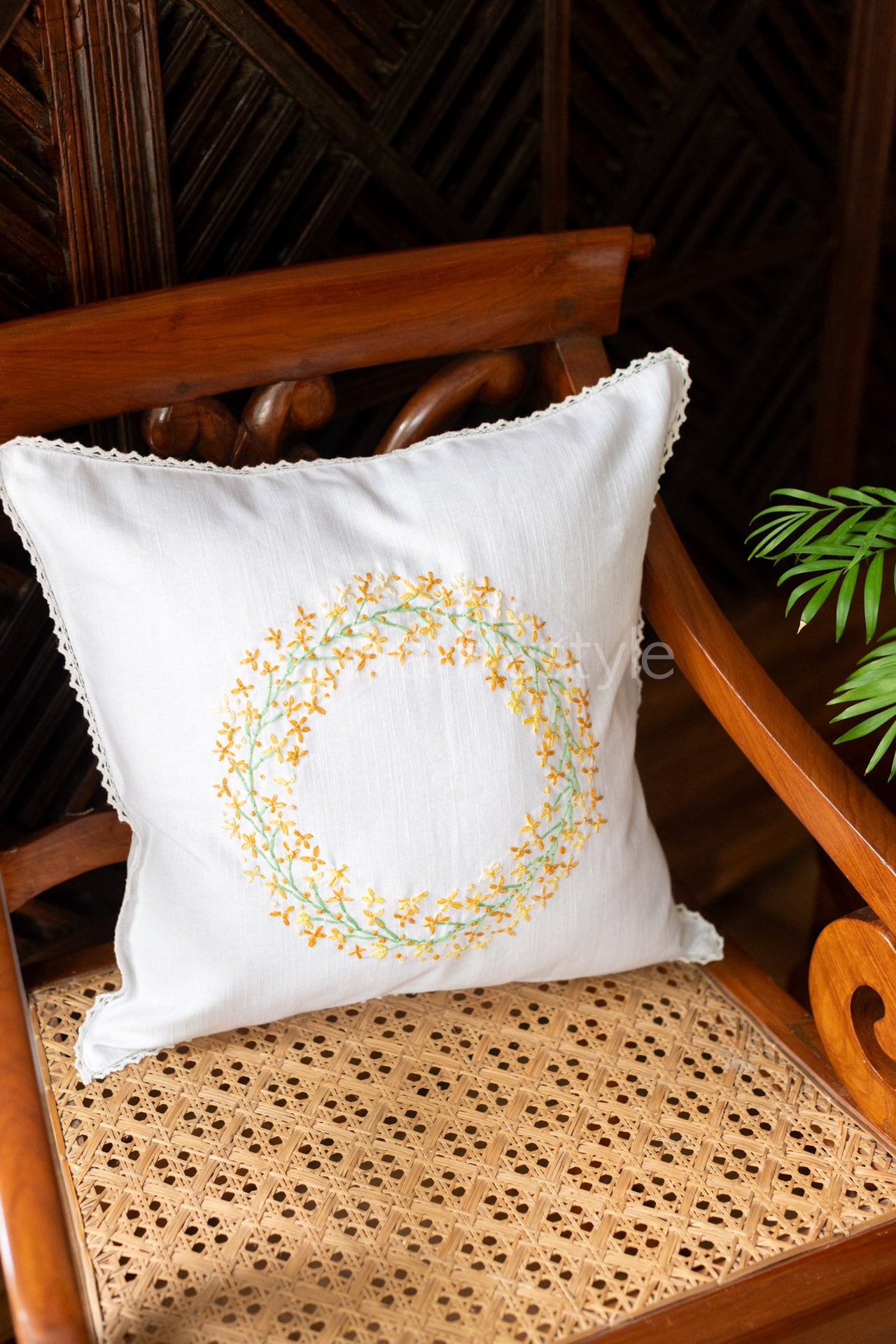 HAND EMBROIDERY CUSHION COVER with lace detailing -16x16 inches