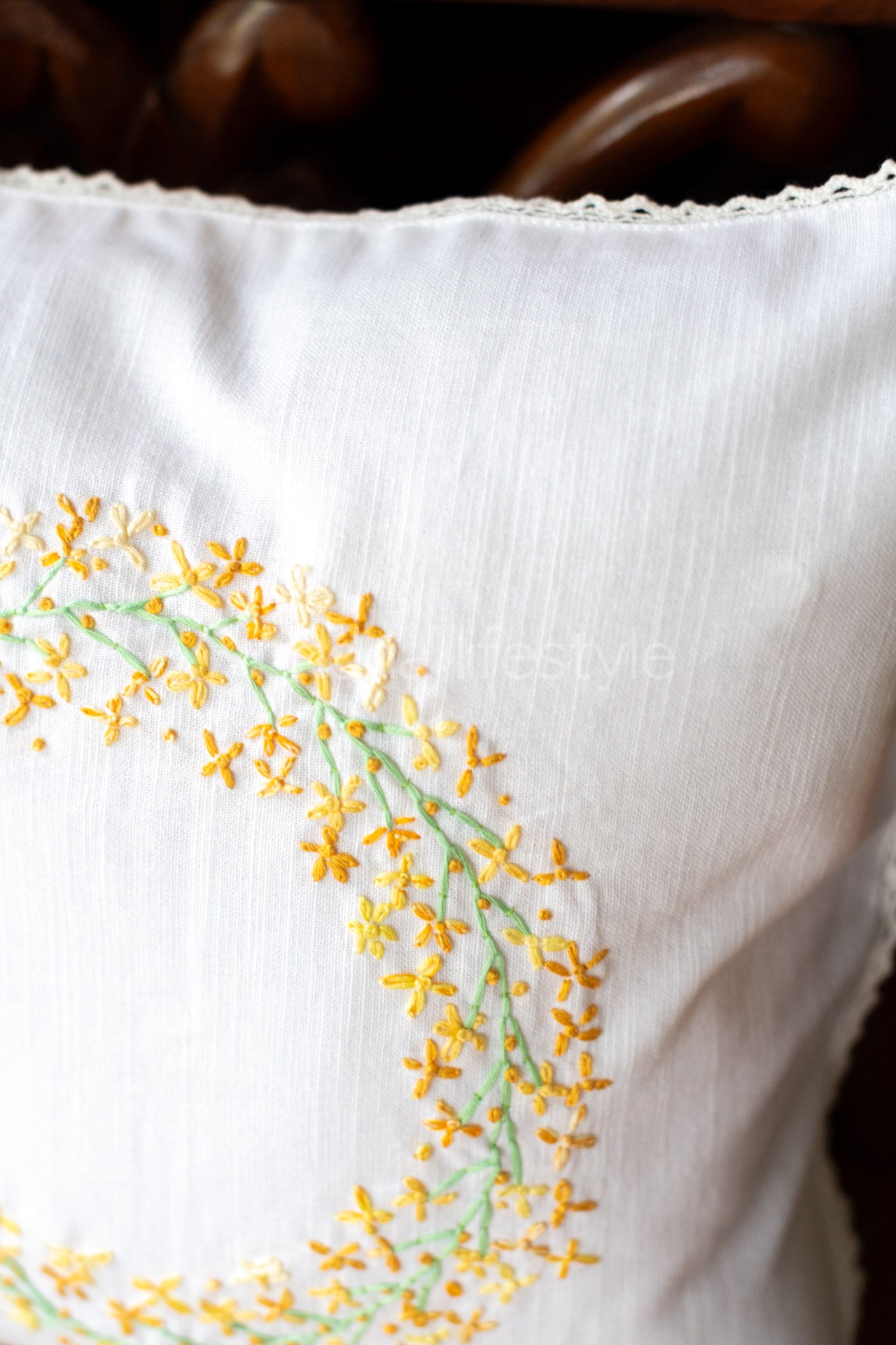 HAND EMBROIDERY CUSHION COVER with lace detailing -16x16 inches