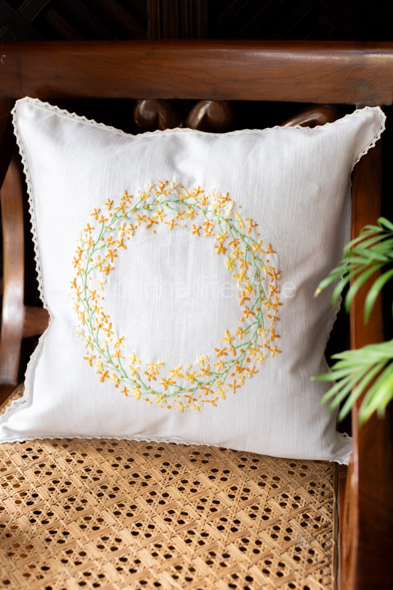 HAND EMBROIDERY CUSHION COVER with lace detailing -16x16 inches