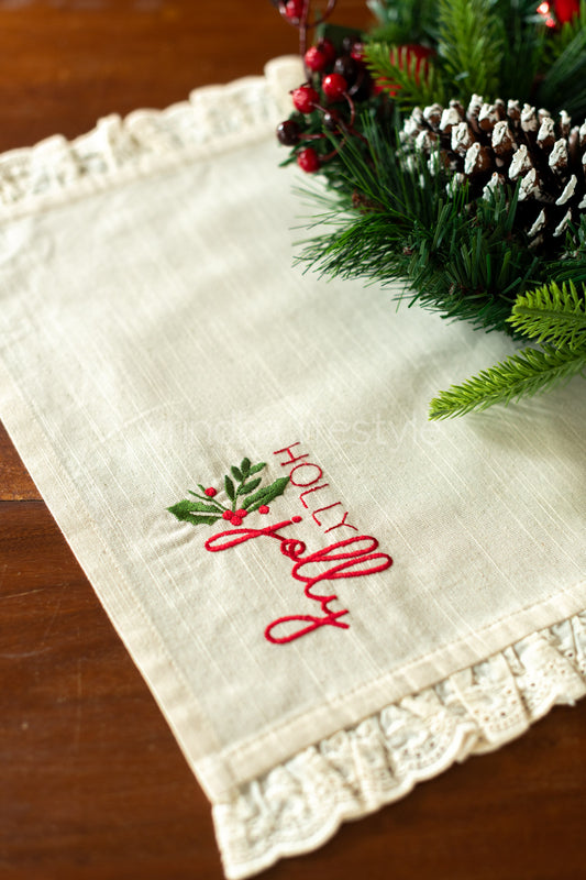 Cotton slub tray mat with embroidery and lace  frill detailing