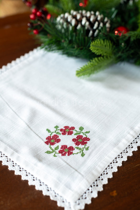 Cotton slub tray mat with cross stitch embroidery and lace detailing
