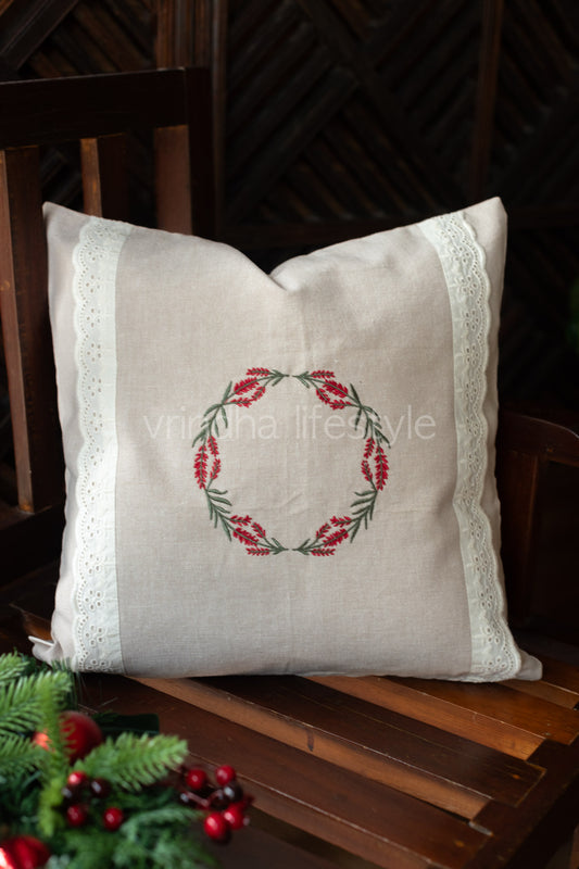 Cotton cushion cover with embroidery and lace detailing-Single unit- 16x16 inches-customisable