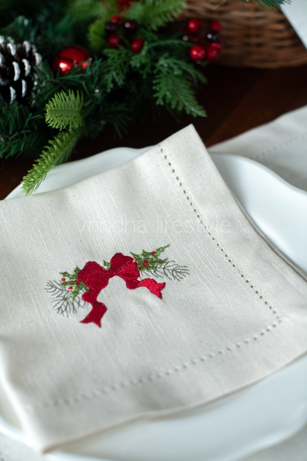 COTTON TABLE NAPKINS with embroidery and hem stitch detailing-Set of 2