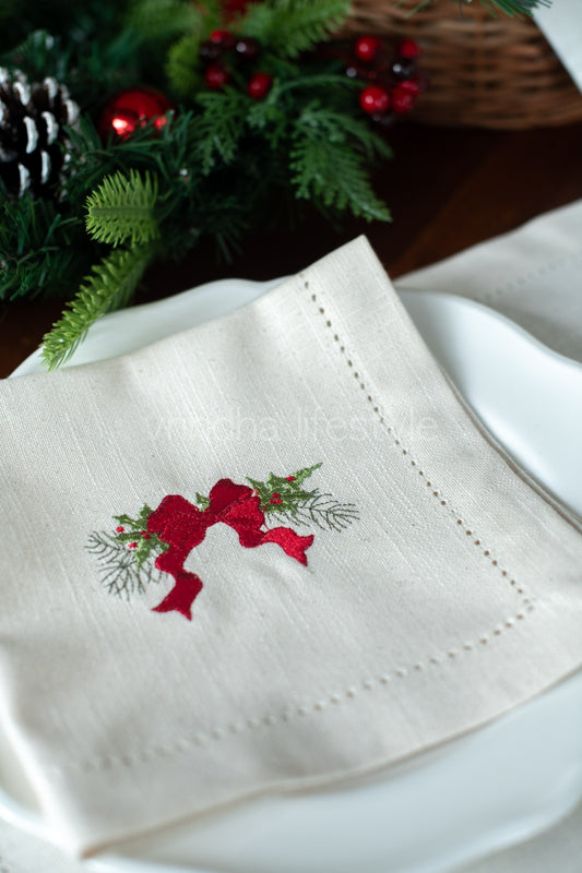 COTTON TABLE NAPKINS with embroidery and hem stitch detailing-Set of 2