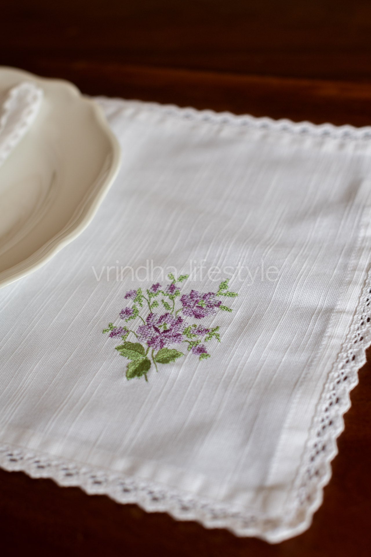 Cotton slub placemat with embroidery and lace detailing-Single unit customisable