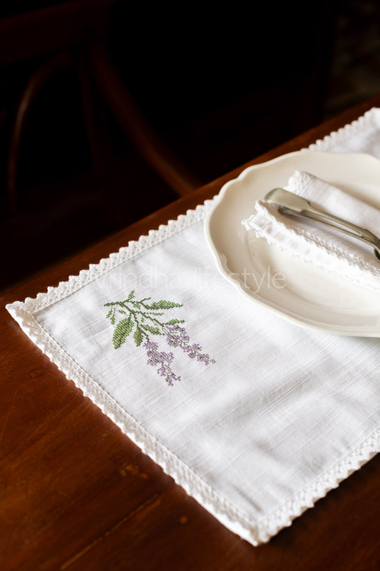 Cotton slub placemat with embroidery and lace detailing-Single unit customisable