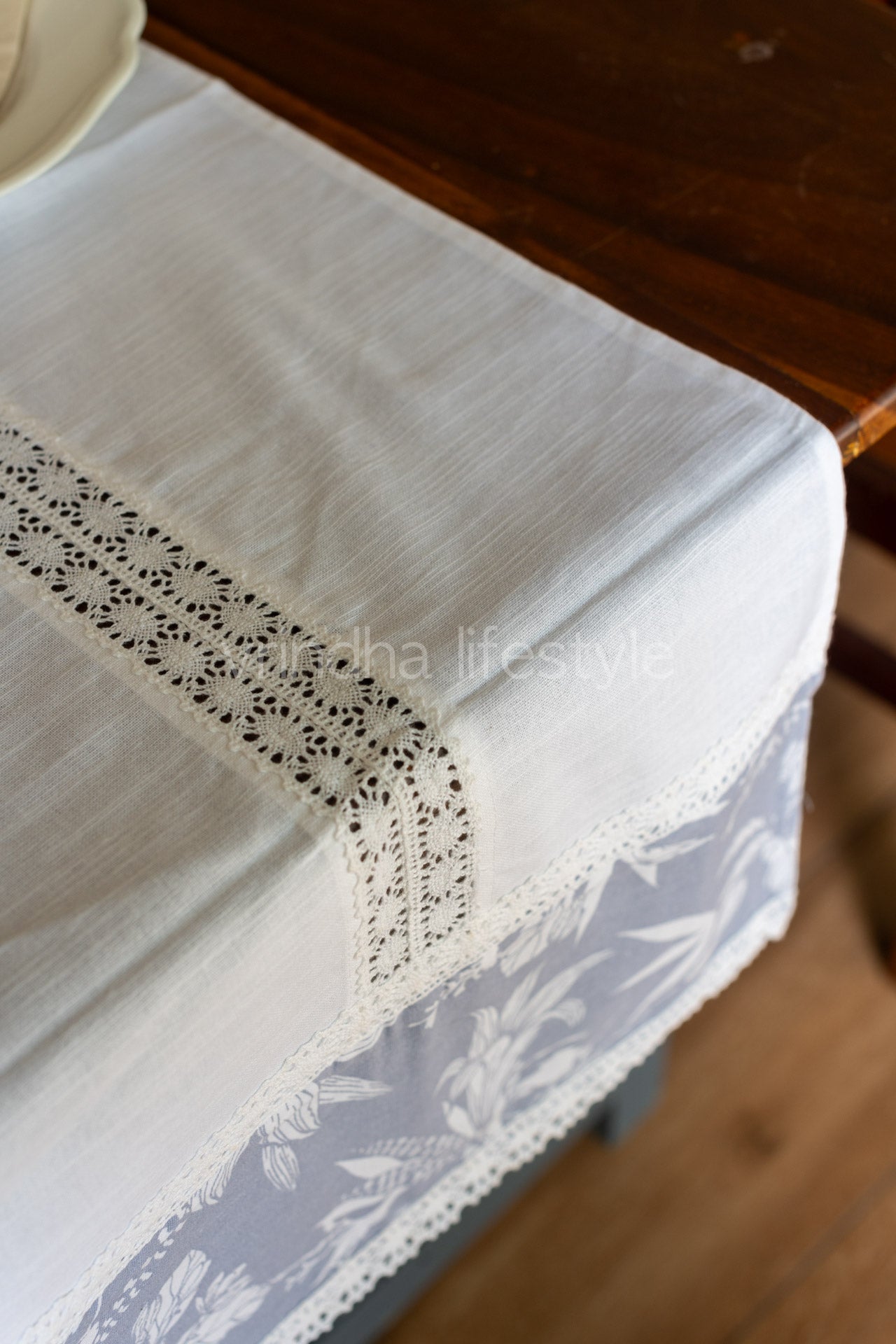 Cotton Coffee table runner with lace detailing-15x42  inches