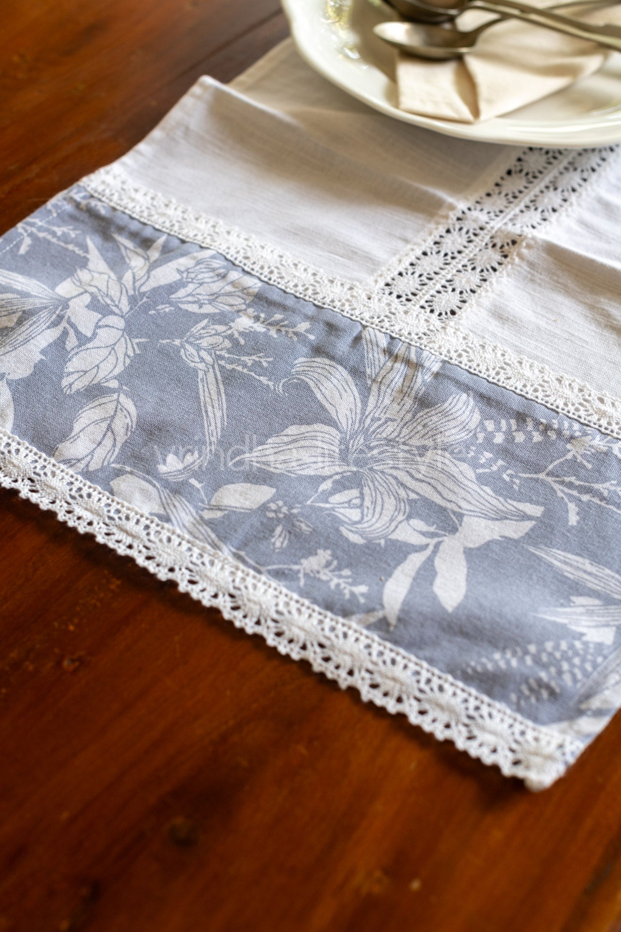 Cotton Coffee table runner with lace detailing-15x42  inches