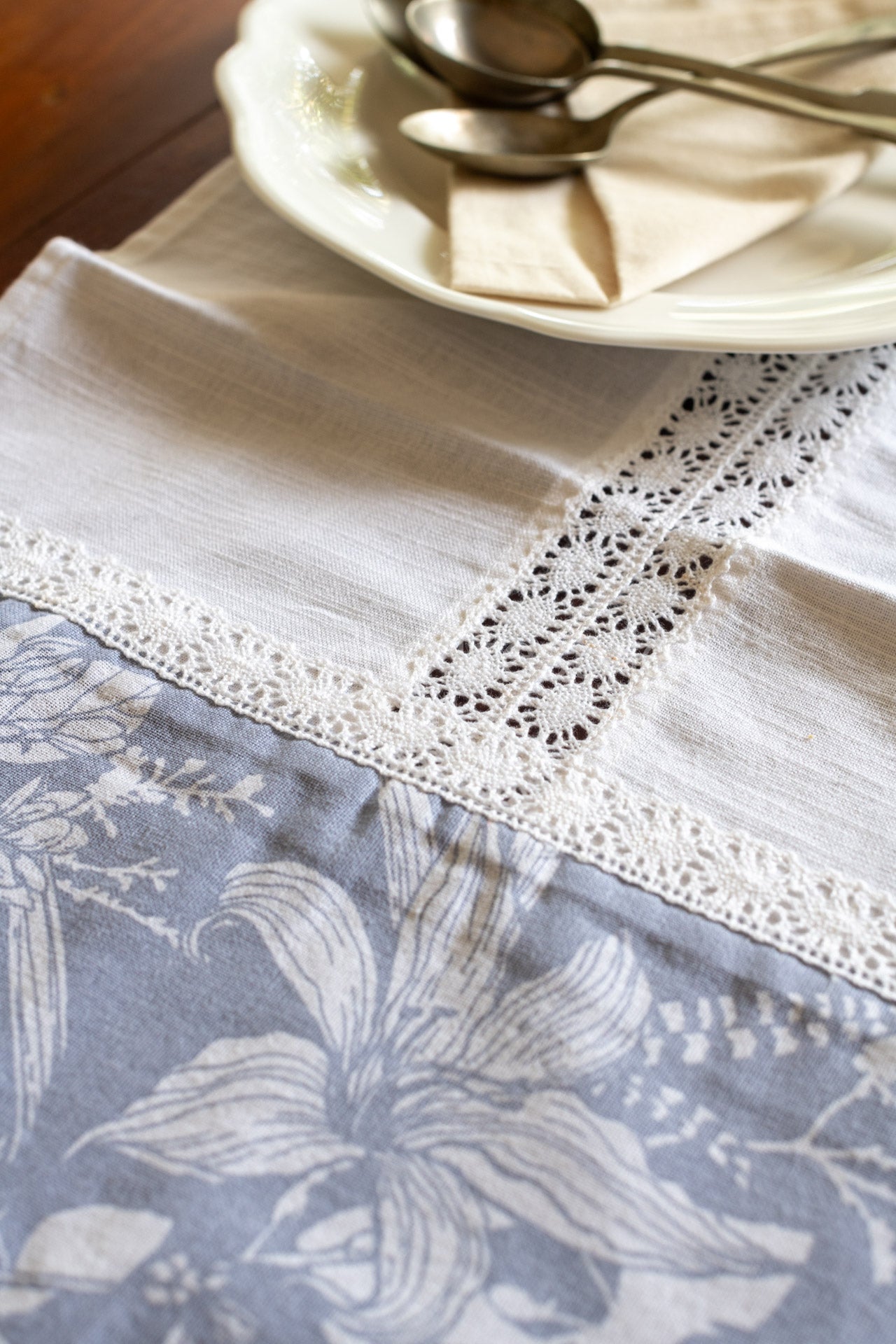 Cotton Coffee table runner with lace detailing-15x42  inches