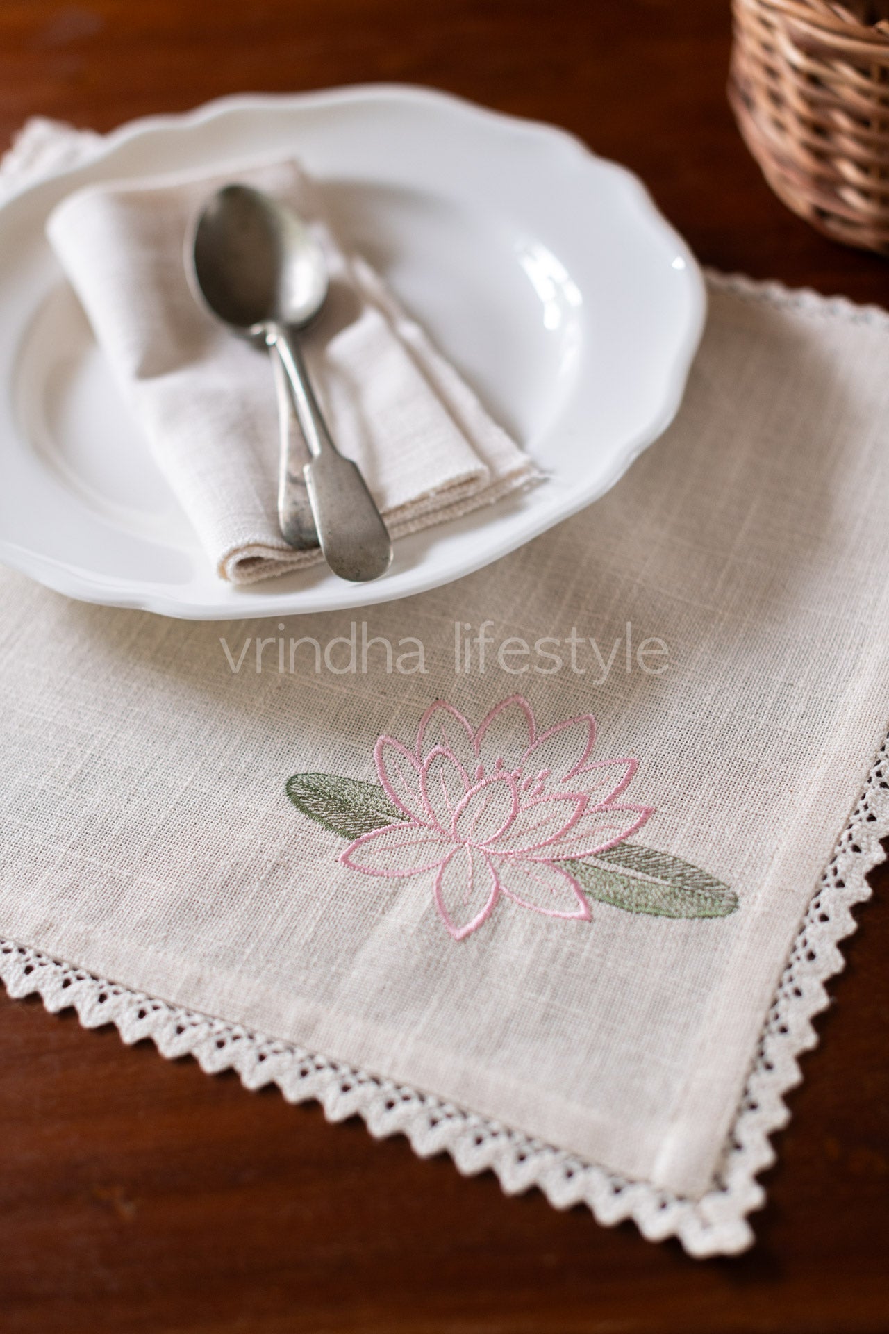 Cotton tray mat with embroidery and lace -customisable