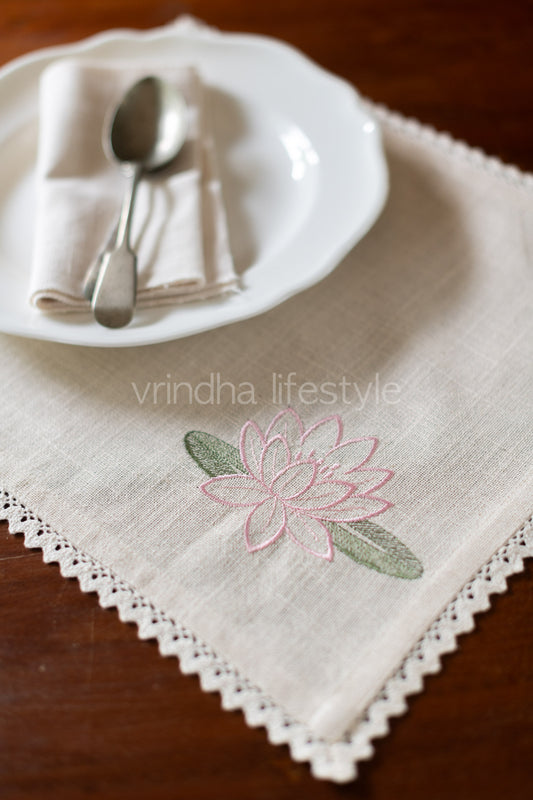 Cotton tray mat with embroidery and lace -customisable