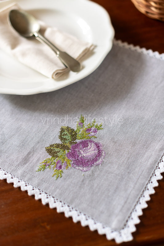 Cotton tray mat with embroidery and lace -customisable