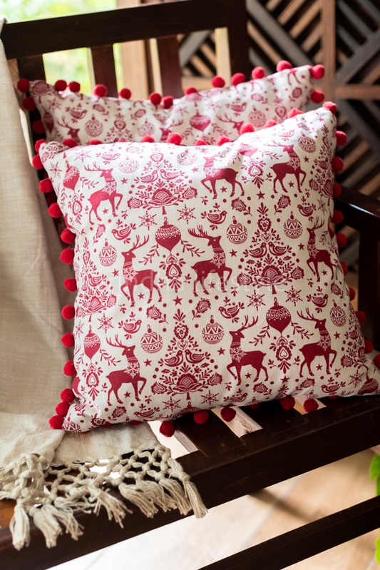 CHRISTMAS PRINTED COTTON CUSHION COVERS with pom pom-single unit