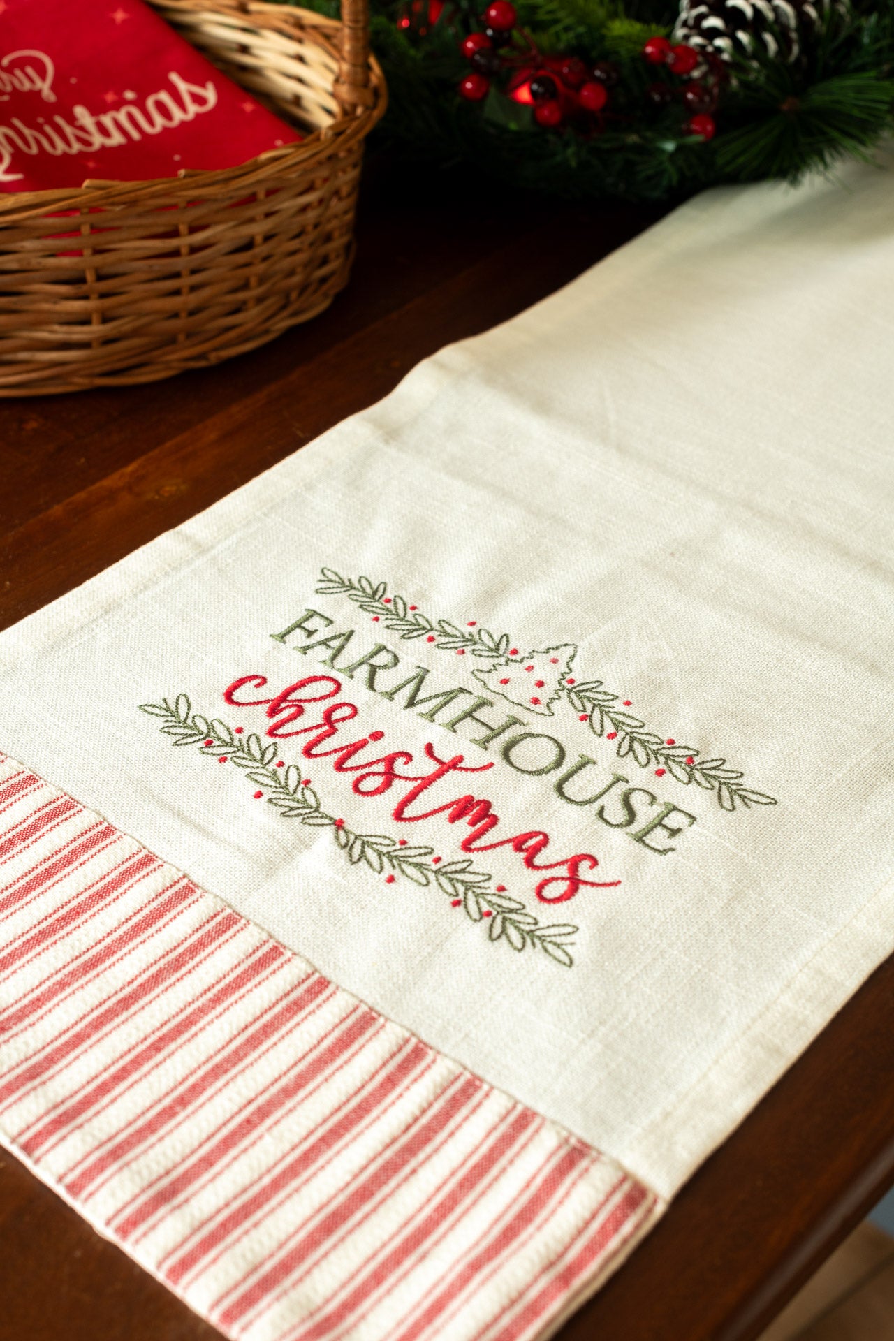 Cotton table runner with embroidery and lace detailing - 12.5x56 inches-customisable