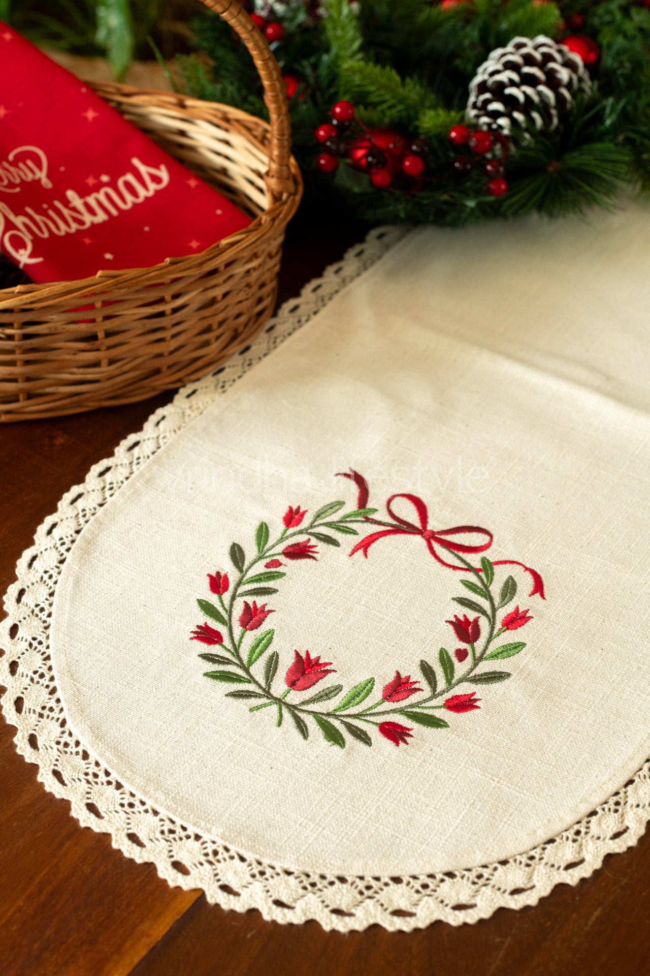 Cotton runner with embroidery and lace detailing - 12x60 inches