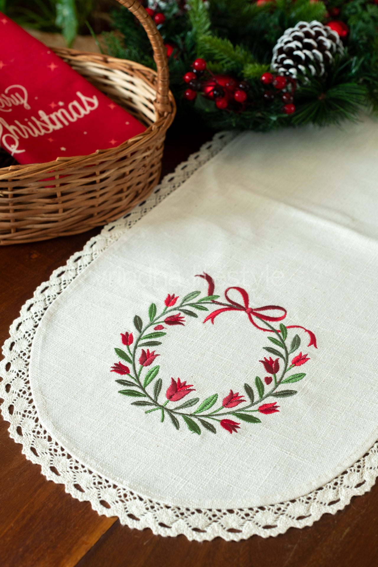 Cotton runner with embroidery and lace detailing - 12x60 inches