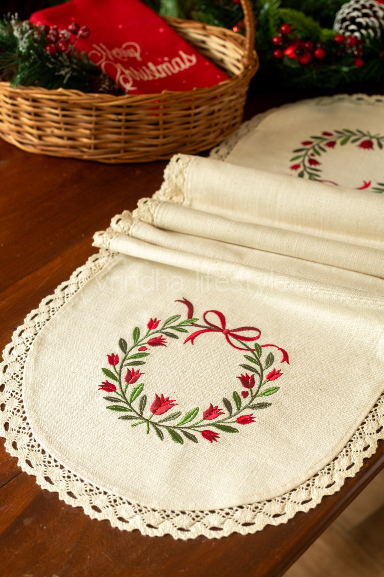 Cotton runner with embroidery and lace detailing - 12x60 inches