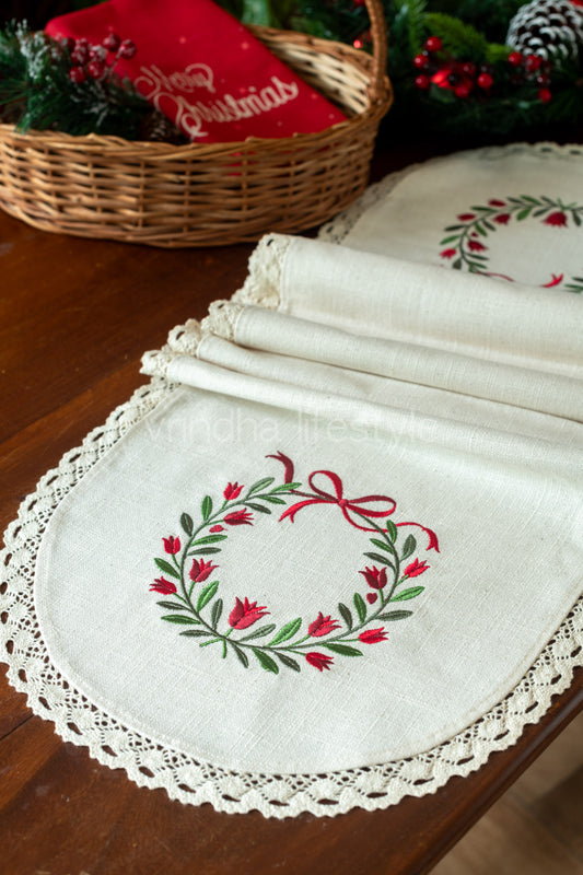 Cotton runner with embroidery and lace detailing - 12x60 inches