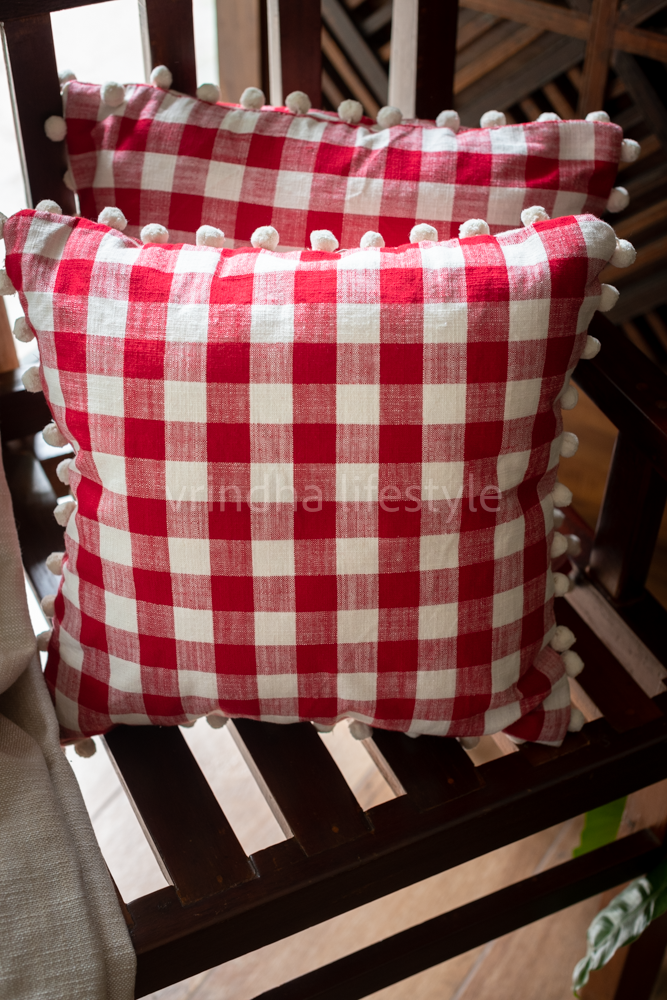 BUFFALO CHECKS -CUSHION COVERS with pompom-Single Unit