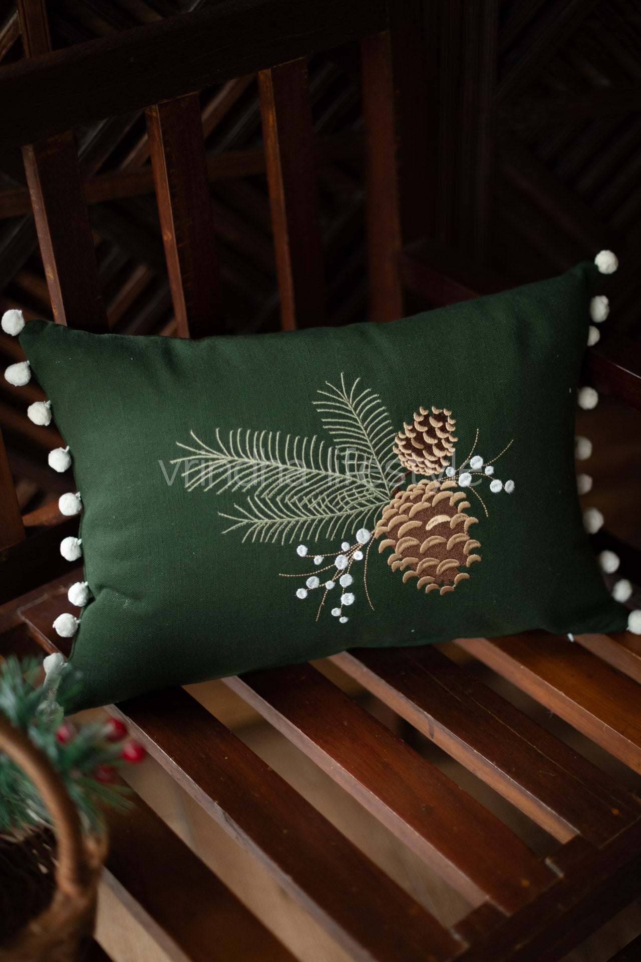 Reversible cotton embroidered pre-filled cushion with pompoms -12x18 inches-single unit