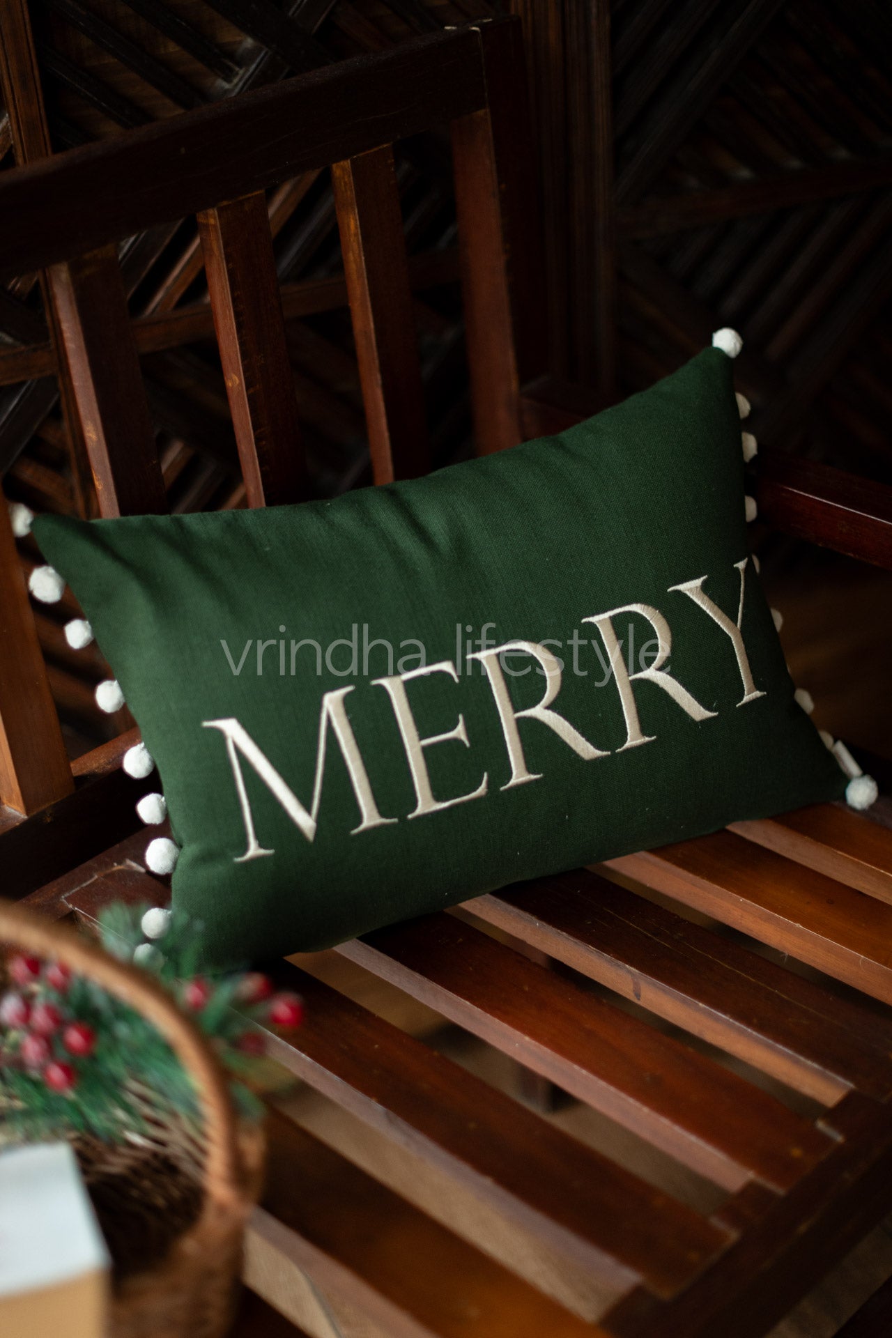 Reversible cotton embroidered pre-filled cushion with pompoms -12x18 inches-single unit