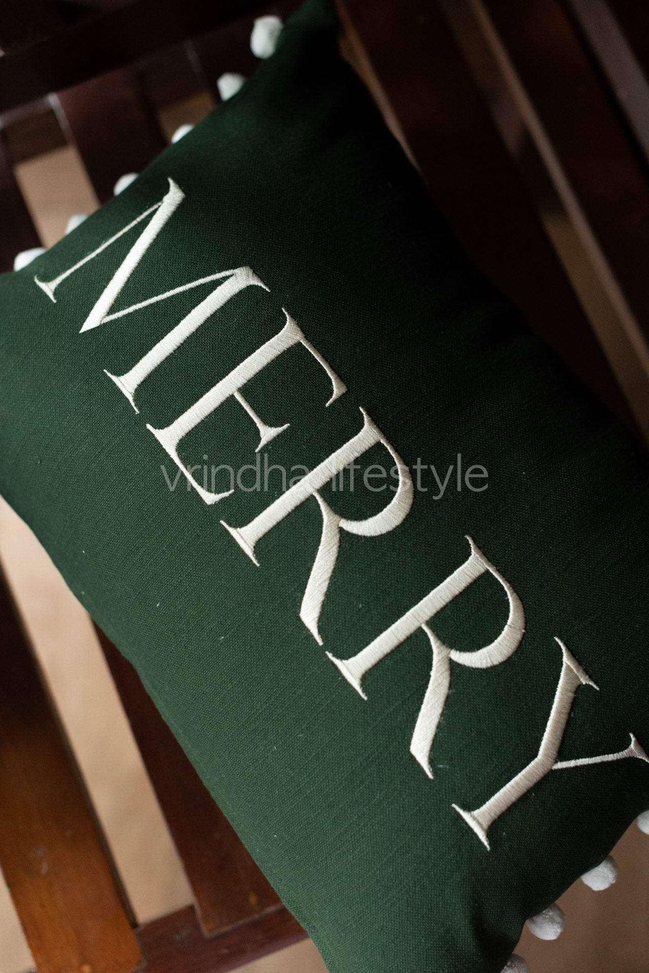 Reversible cotton embroidered pre-filled cushion with pompoms -12x18 inches-single unit