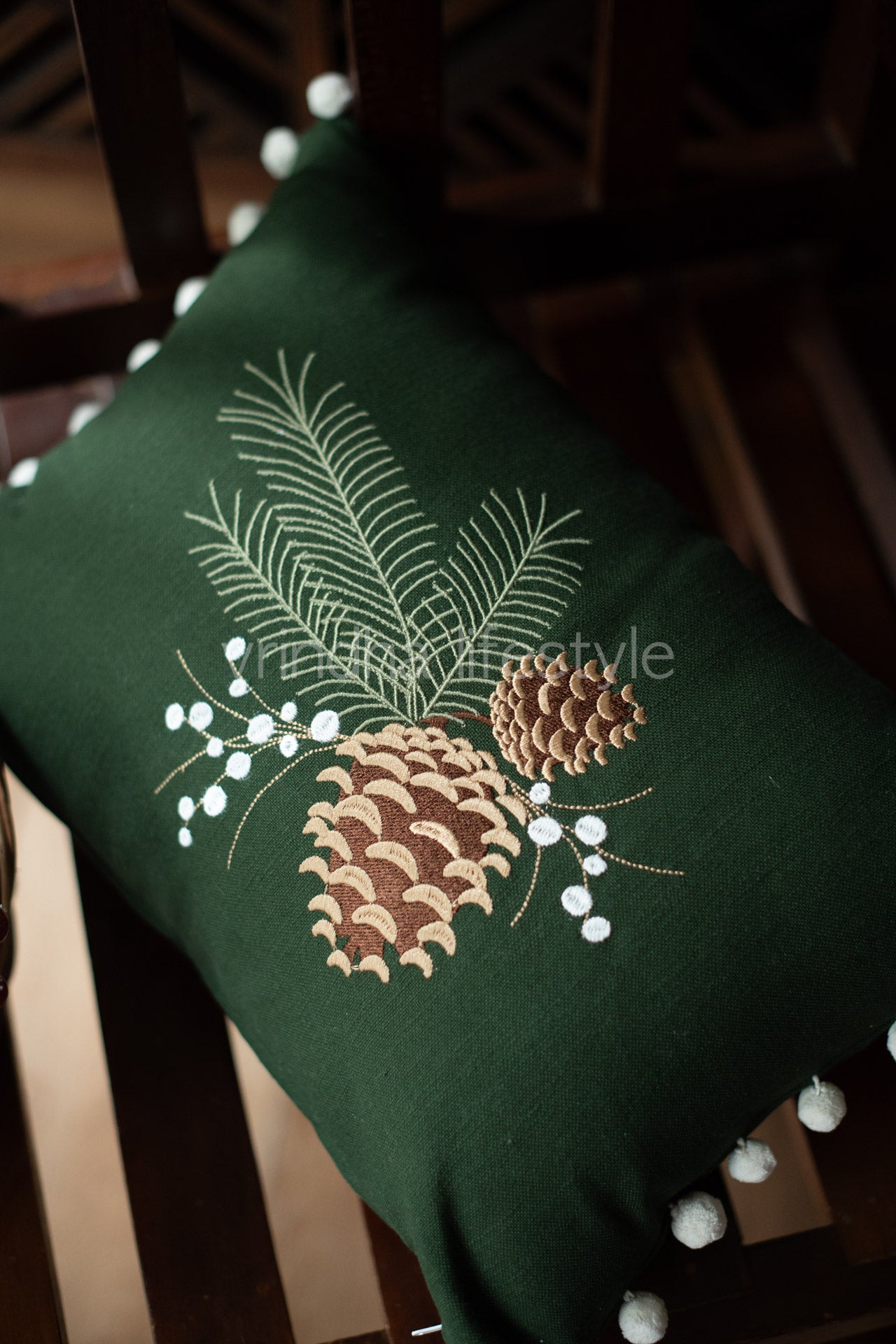 Reversible cotton embroidered pre-filled cushion with pompoms -12x18 inches-single unit