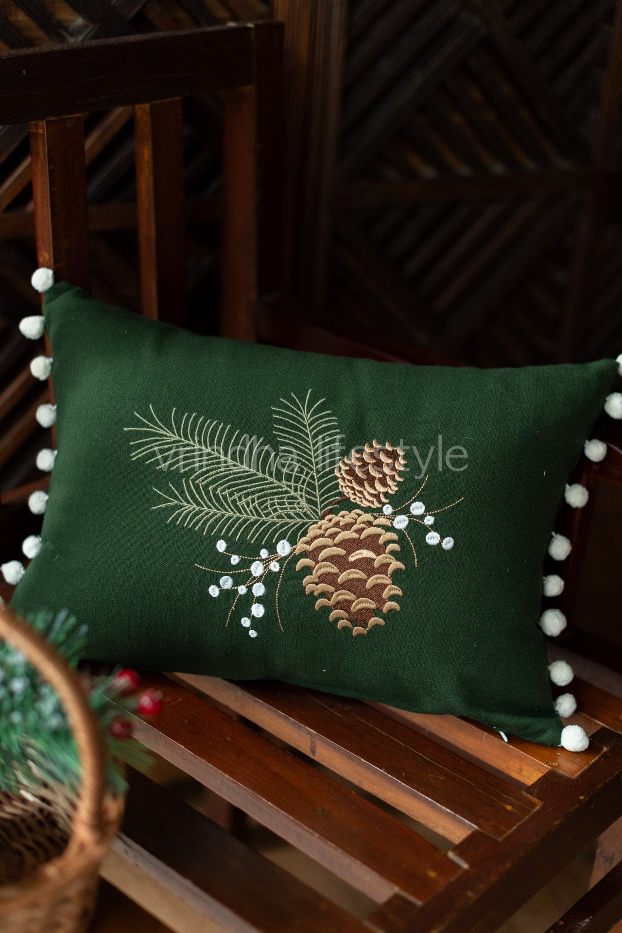 Reversible cotton embroidered pre-filled cushion with pompoms -12x18 inches-single unit