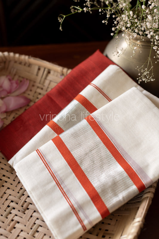 Kerala Set Mundu-silver -rust orange