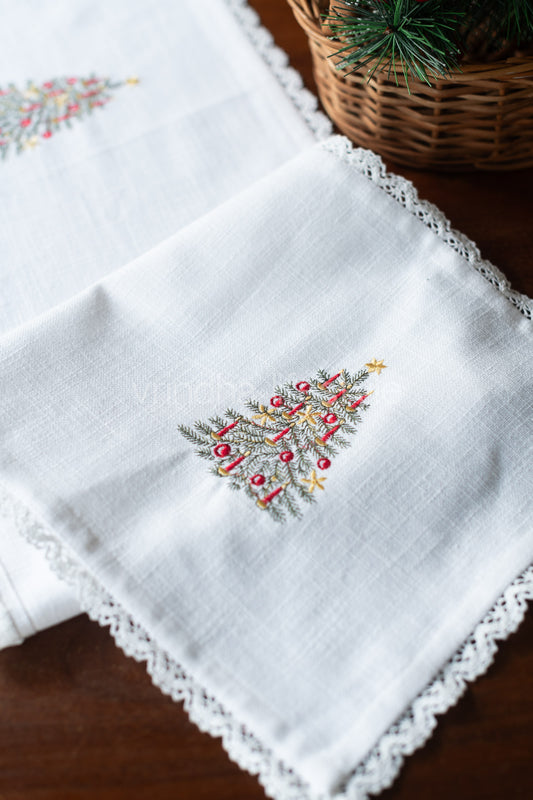 Cotton slub runner with embroidery and lace detailing - 11x50 inches