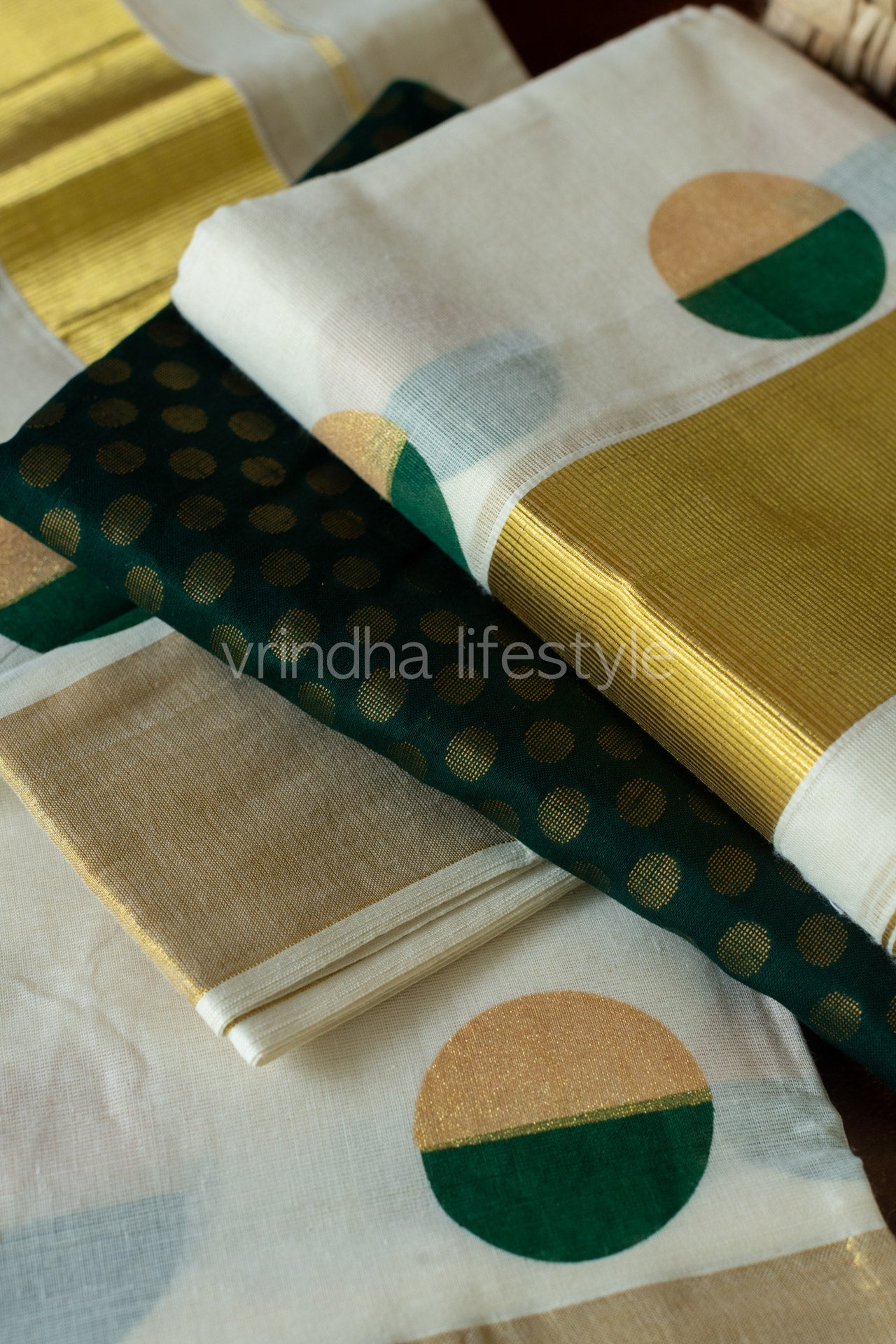 Kerala Kasavu Set Mundu-bottle green and gold screen printed