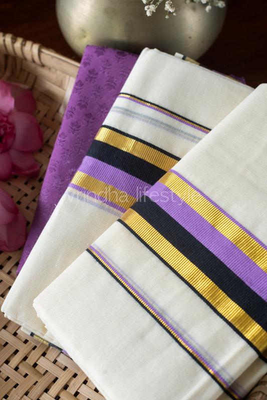 Kerala Kasavu Set Mundu-Purple and black