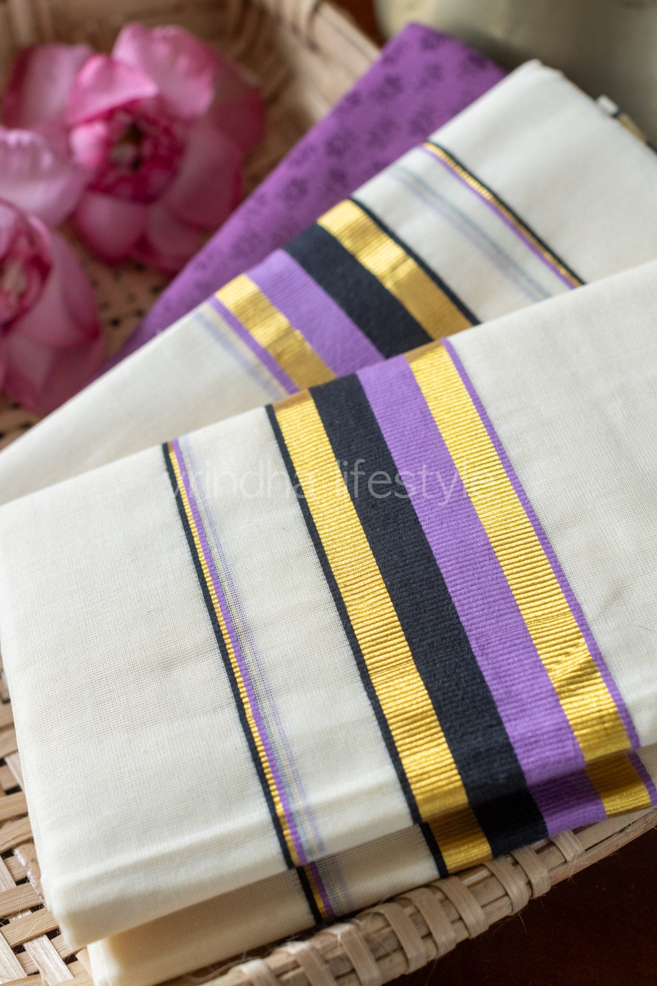 Kerala Kasavu Set Mundu-Purple and black