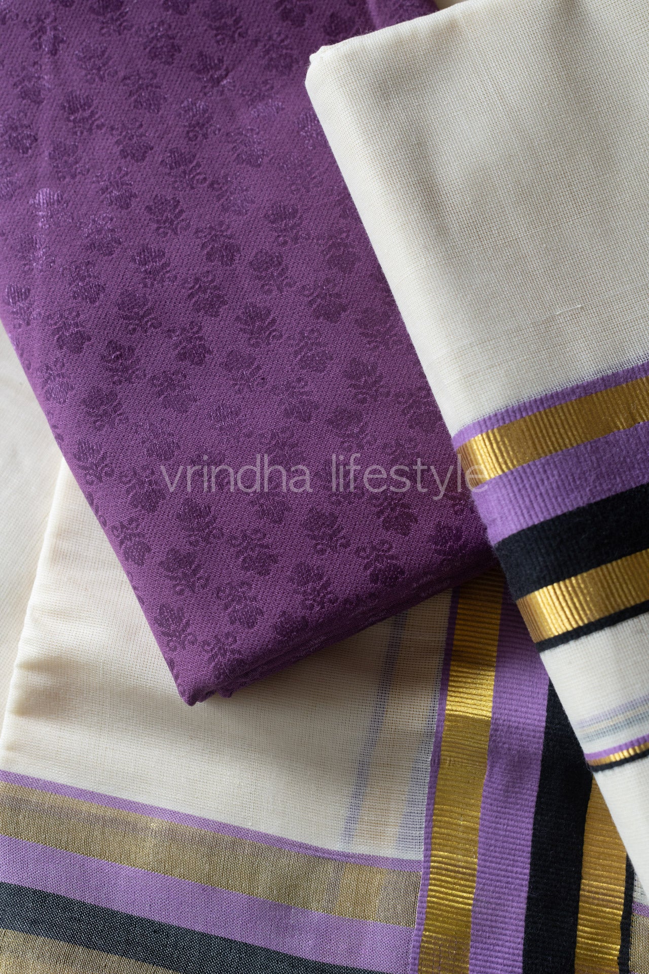 Kerala Kasavu Set Mundu-Purple and black