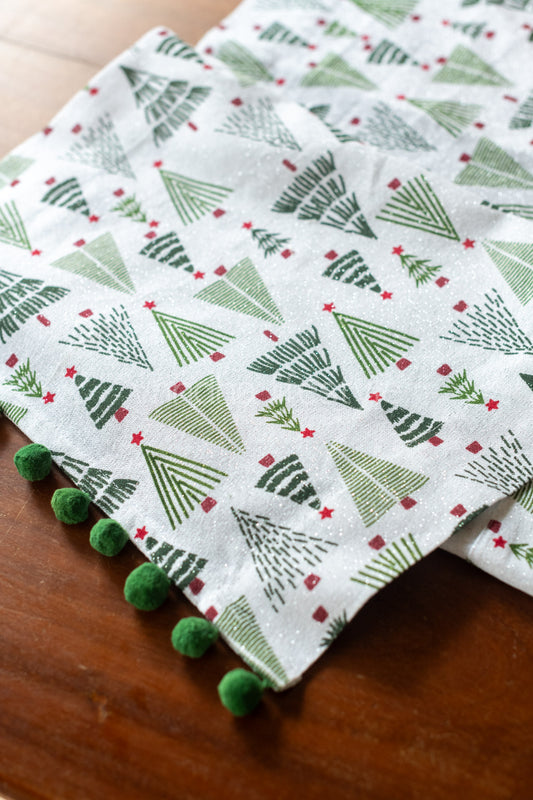 Printed cotton lurex table runner with  pom poms