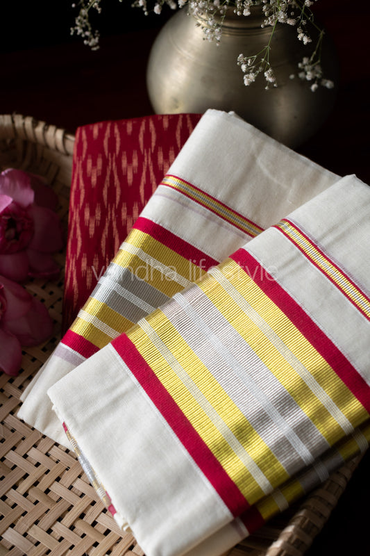 Kerala Kasavu Set Mundu-Deep red gold and silver