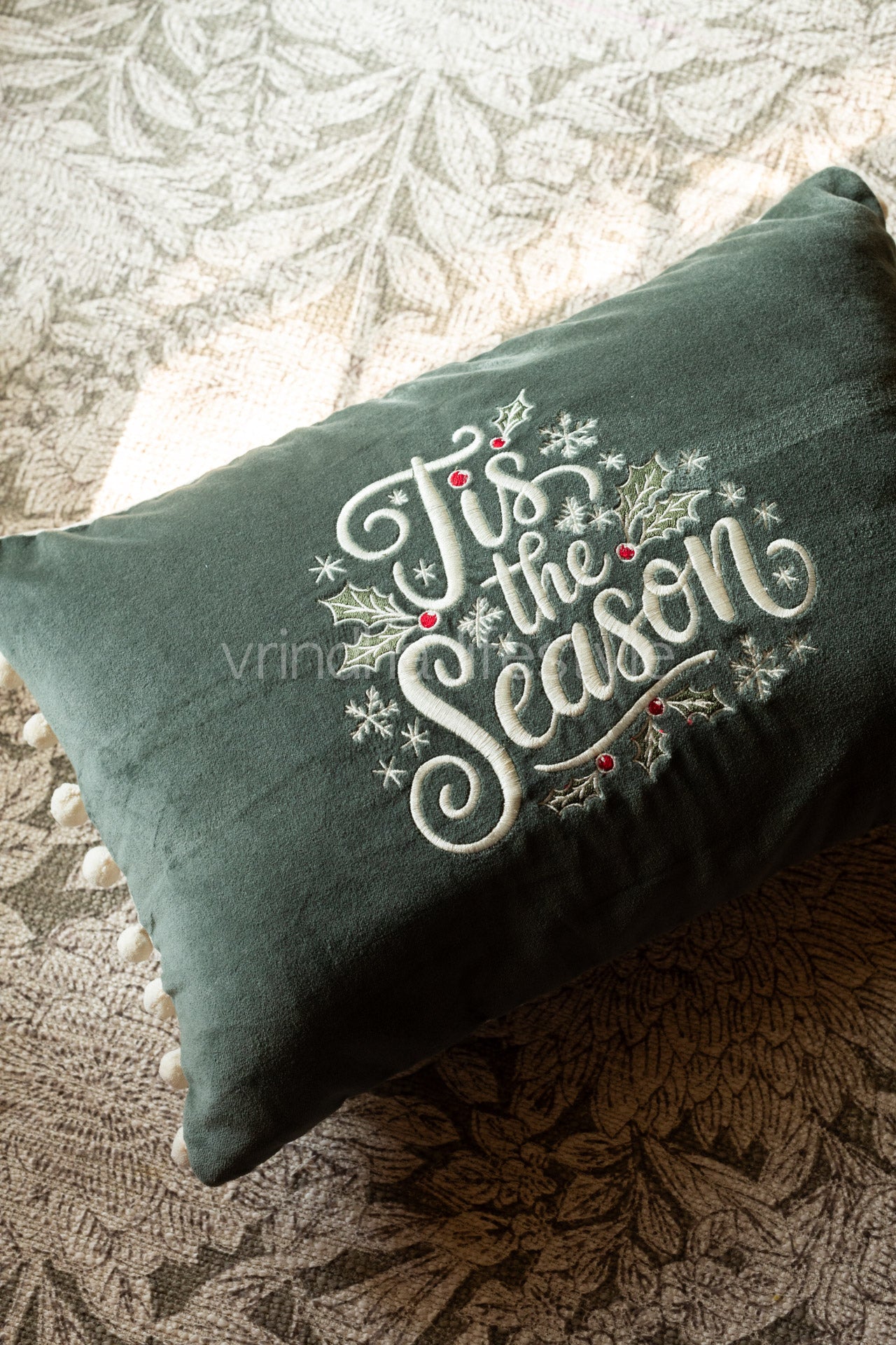 Cotton velvet pre-filled cushion cover with pompom -12x18 inches-single unit