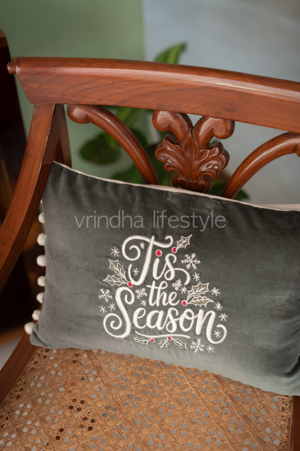 Cotton velvet pre-filled cushion cover with pompom -12x18 inches-single unit