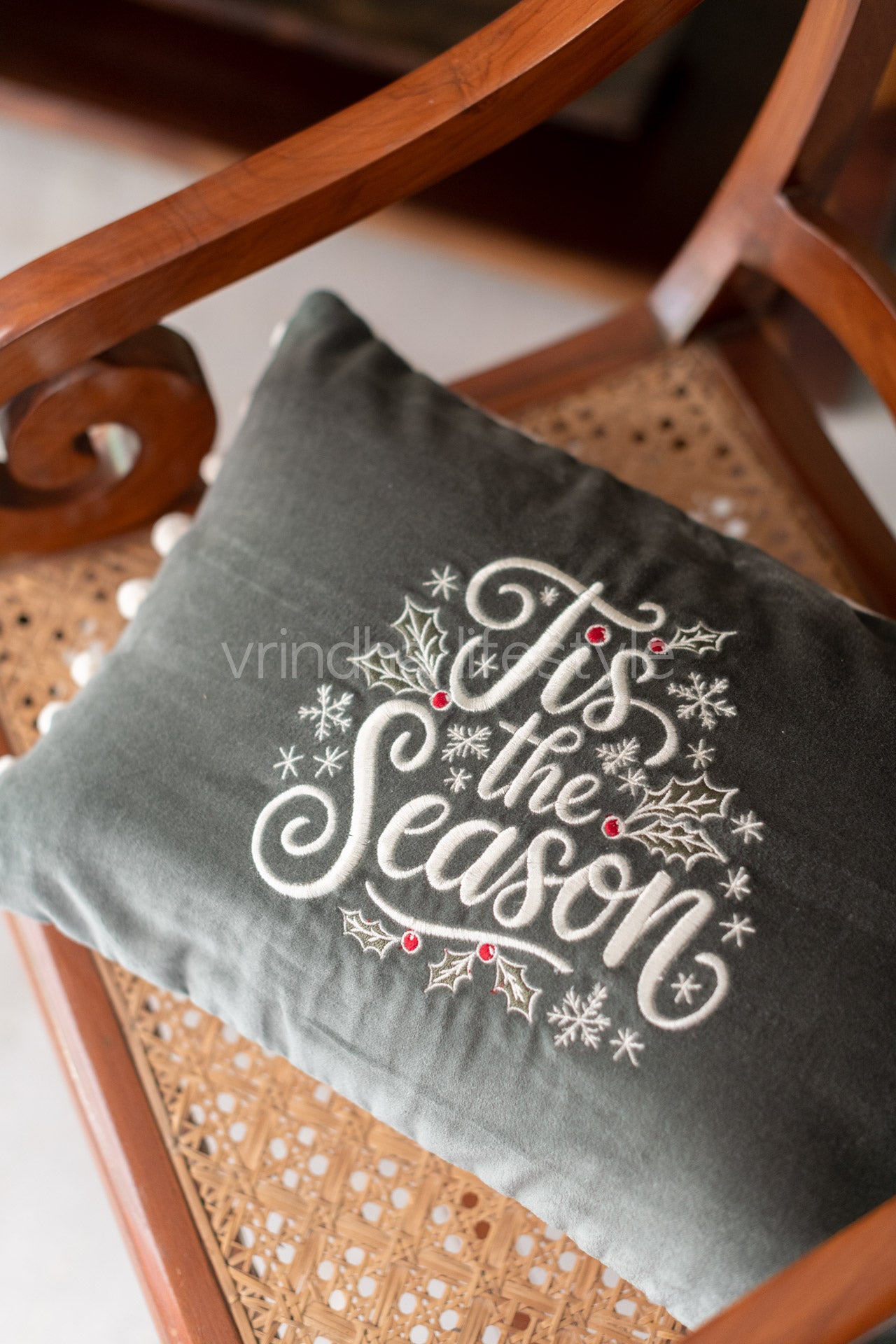 Cotton velvet pre-filled cushion cover with pompom -12x18 inches-single unit