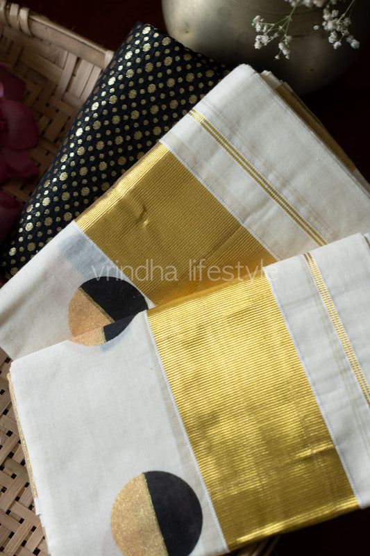 Kerala Kasavu Set Mundu-Black and gold screen printed