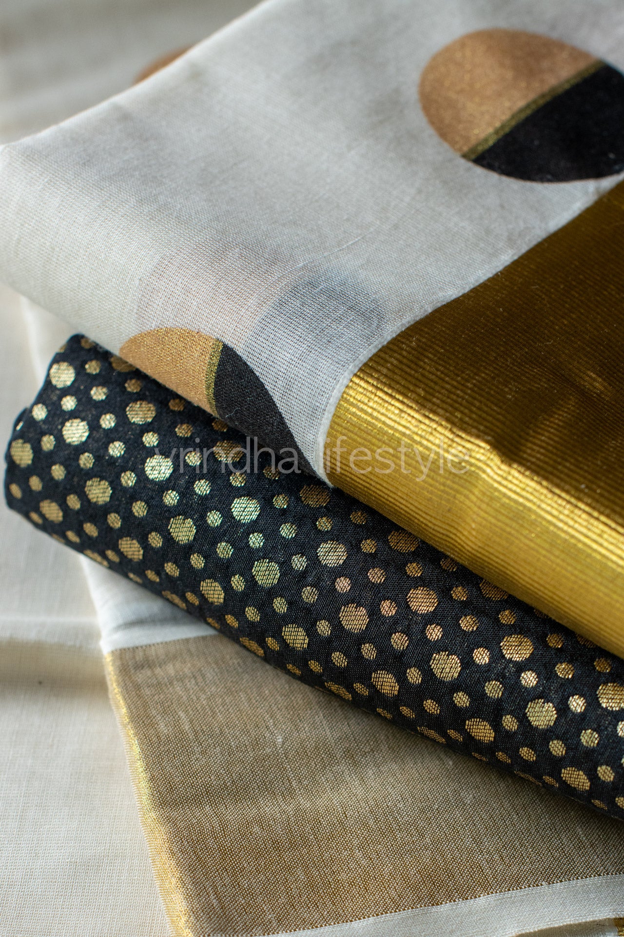 Kerala Kasavu Set Mundu-Black and gold screen printed