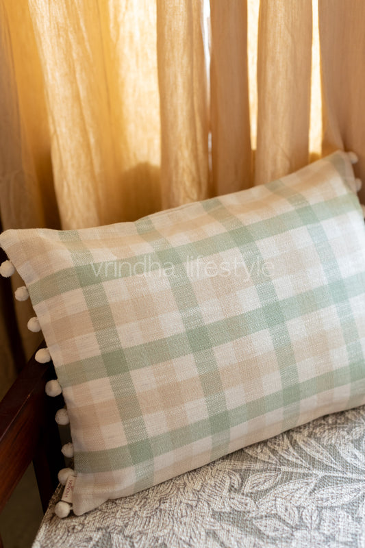 Cotton checks pre-filled cushion with pom poms
