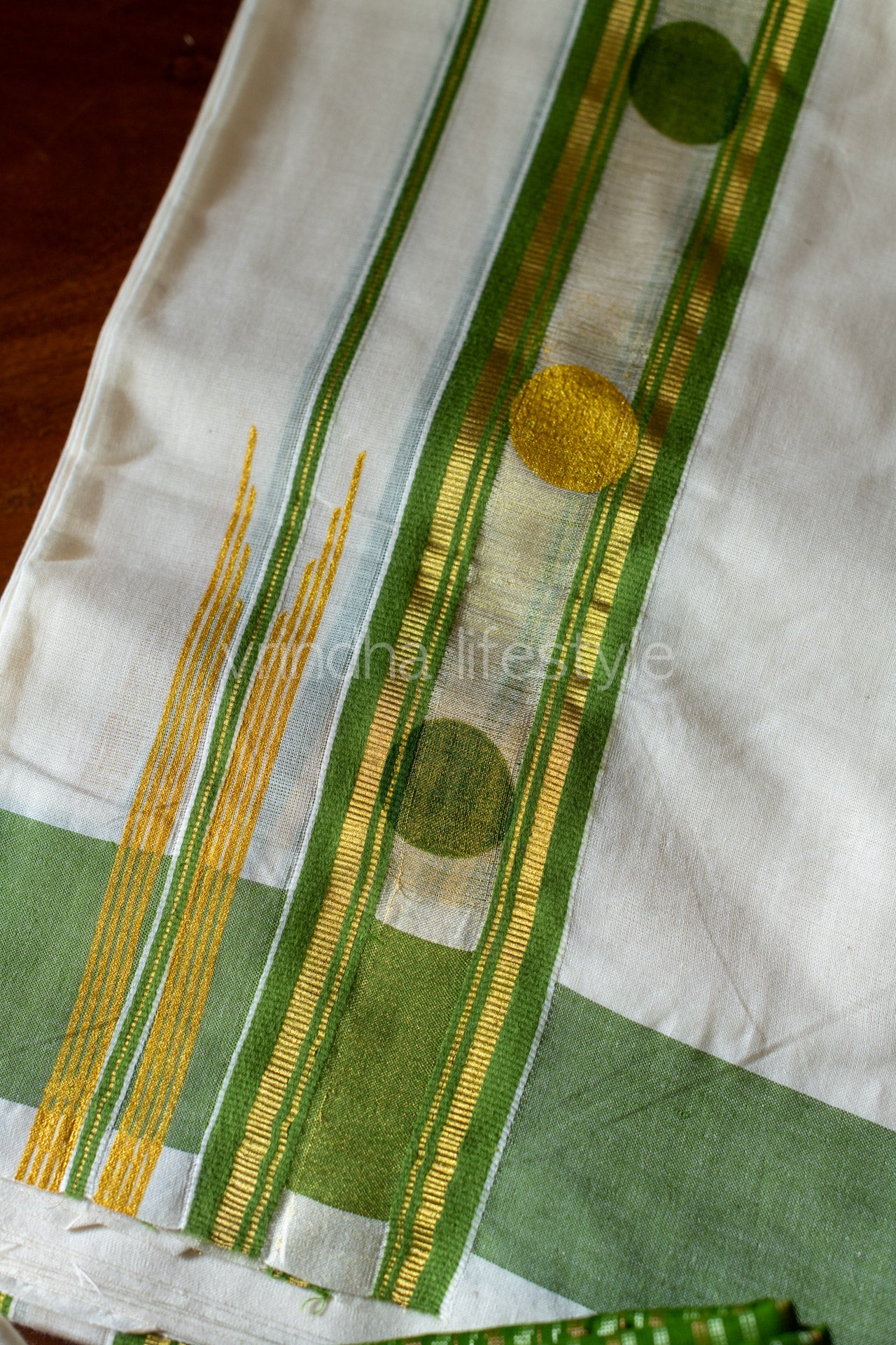 Kerala Kasavu Set Mundu-Sap green -screen printed