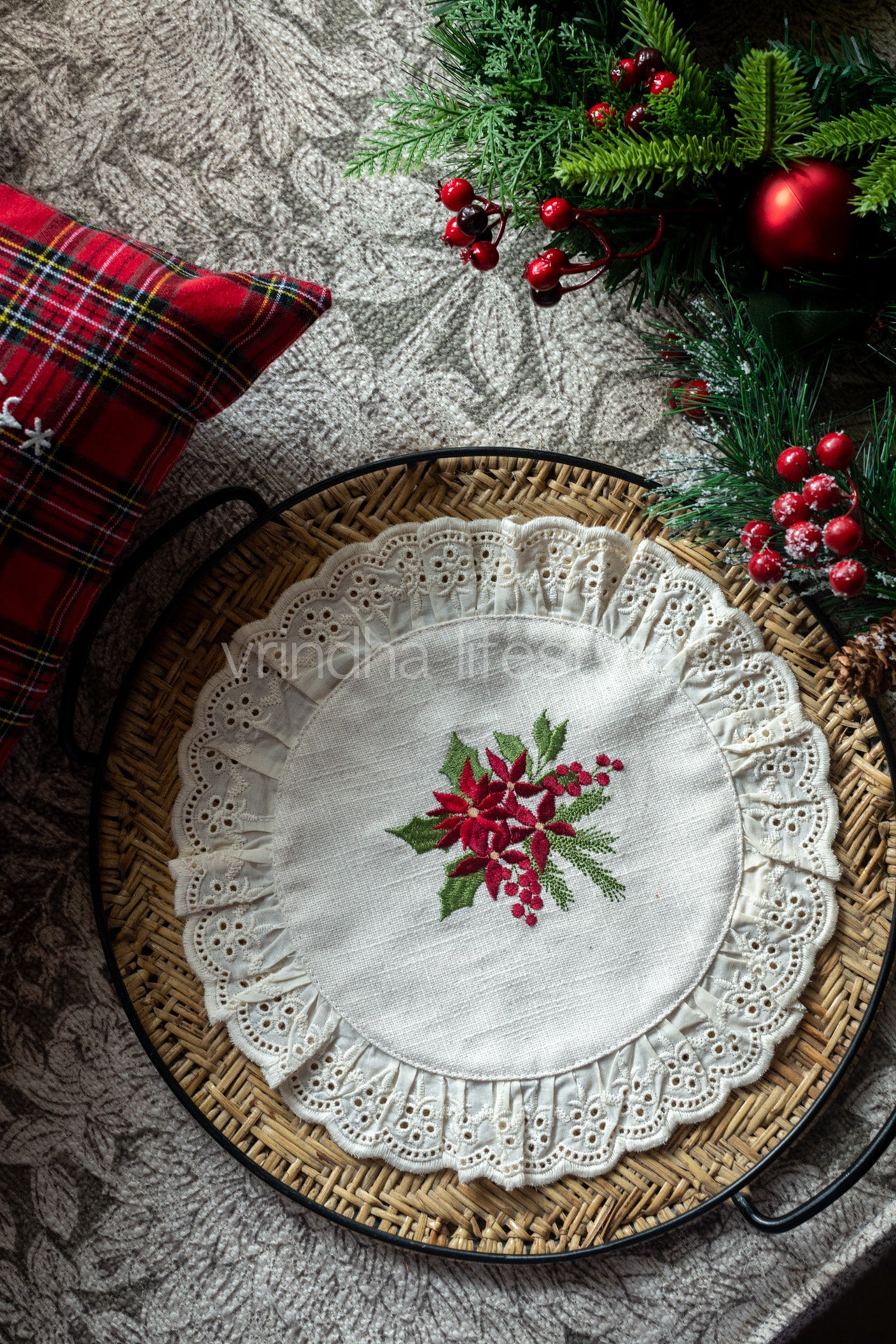 Round embroidered table mat with lace detailing ,10 inches-Single unit